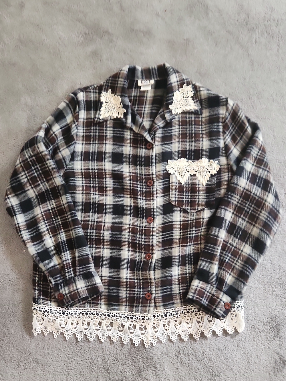 Vintage Plaid Flannel Lace-Trim Button-Up Shirt Shirt - Brown & Black